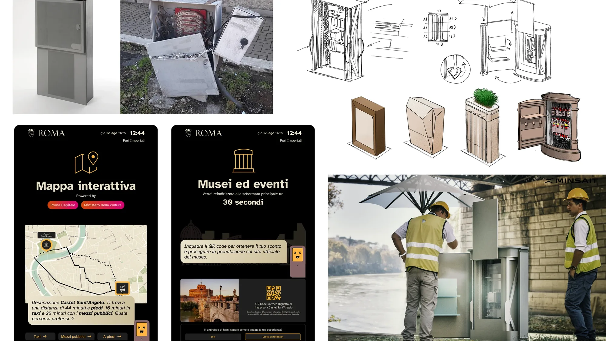 Collage of the smart street cabinet project: 3D renders and a damaged existing cabinet, design sketches and material studies, dark-themed city-service screens, and a physical prototype on site.
